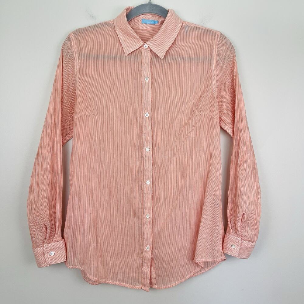 J. MCLAUGHLIN Lois Blouse Women's Size XS Orange White Mini Banker Stripe Cotton